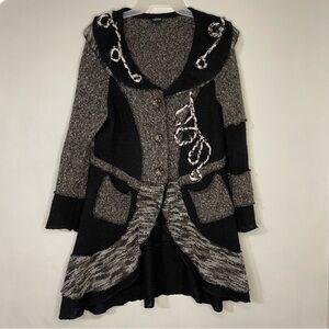 Fantazia Pieced Black and Gray Patchwork Knit Sweater Cardigan L